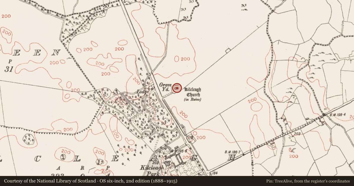 Ordnance Survey six-inch map, 2nd edition (1888–1915) covering the location of Church, Kilcleagh, County Westmeath, with a pin at the register's coordinates