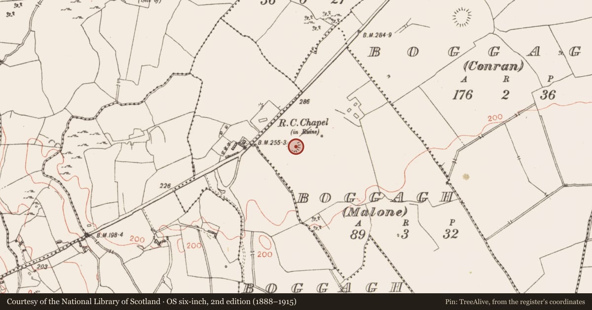Ordnance Survey six-inch map, 2nd edition (1888–1915) covering the location of Ringfort - rath, Boggagh (Malone), County Westmeath, with a pin at the register's coordinates