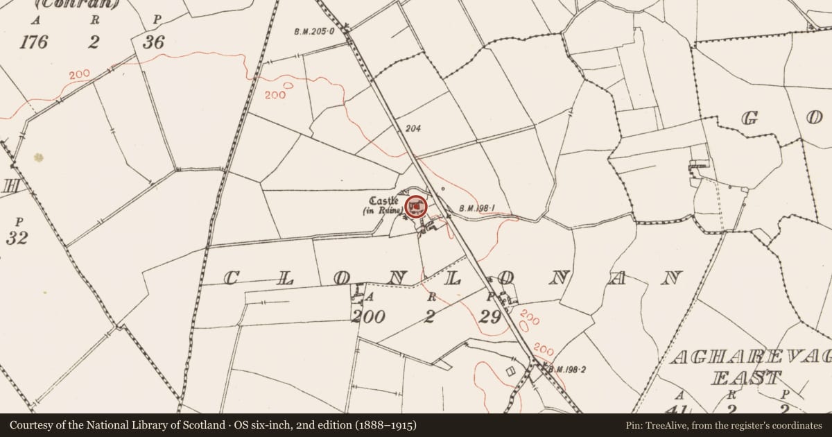 Ordnance Survey six-inch map, 2nd edition (1888–1915) covering the location of Castle - tower house, Clonlonan, County Westmeath, with a pin at the register's coordinates