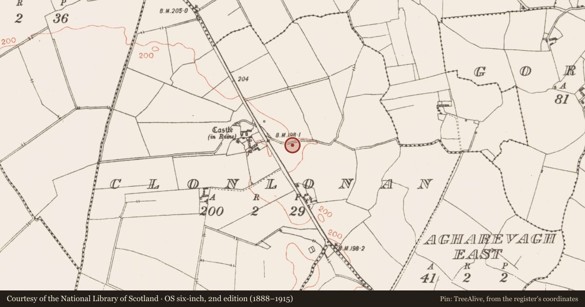 Ordnance Survey six-inch map, 2nd edition (1888–1915) covering the location of Water mill - horizontal-wheeled, Clonlonan, County Westmeath, with a pin at the register's coordinates