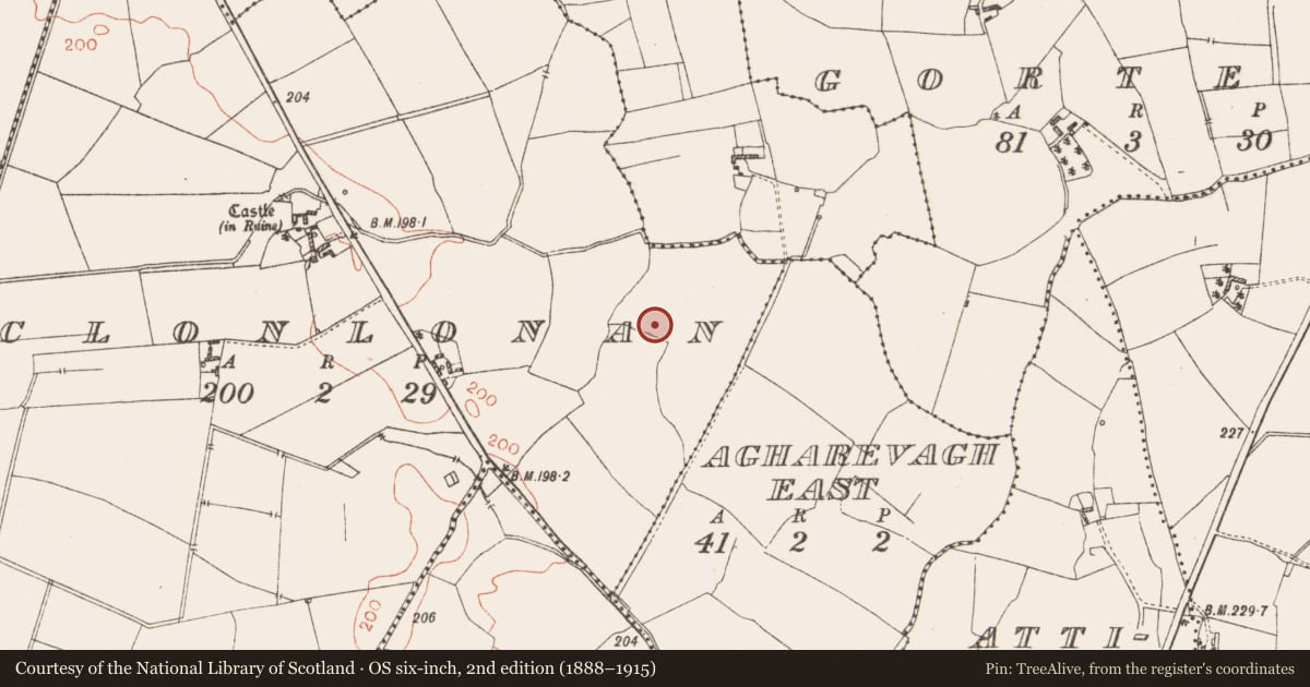 Ordnance Survey six-inch map, 2nd edition (1888–1915) covering the location of Ringfort - rath, Clonlonan, County Westmeath, with a pin at the register's coordinates