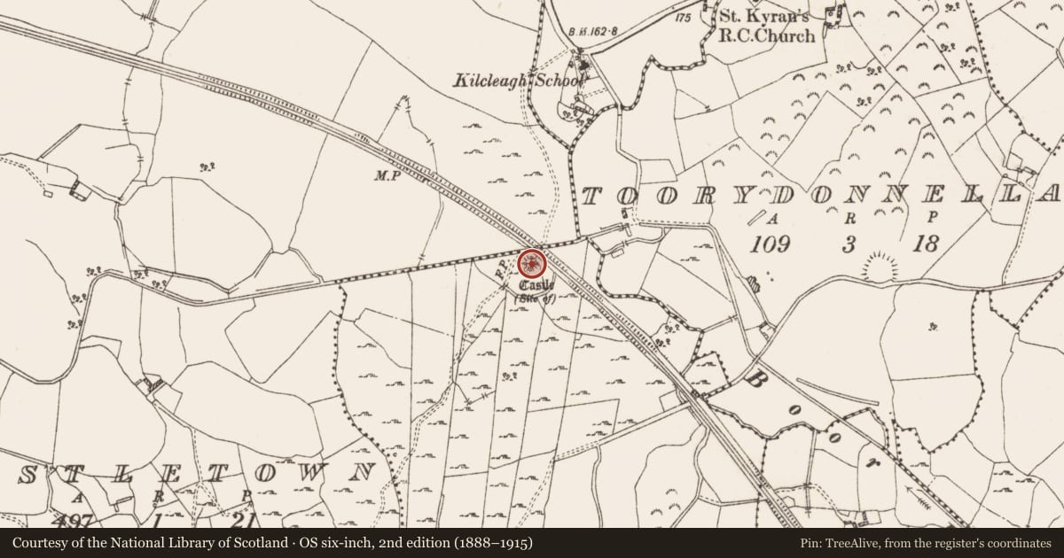 Ordnance Survey six-inch map, 2nd edition (1888–1915) covering the location of Castle - unclassified, Bolinarra, County Westmeath, with a pin at the register's coordinates
