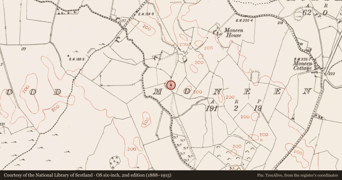 Ordnance Survey six-inch map, 2nd edition (1888–1915) covering the location of Ringfort - rath, Moneen, County Westmeath, with a pin at the register's coordinates