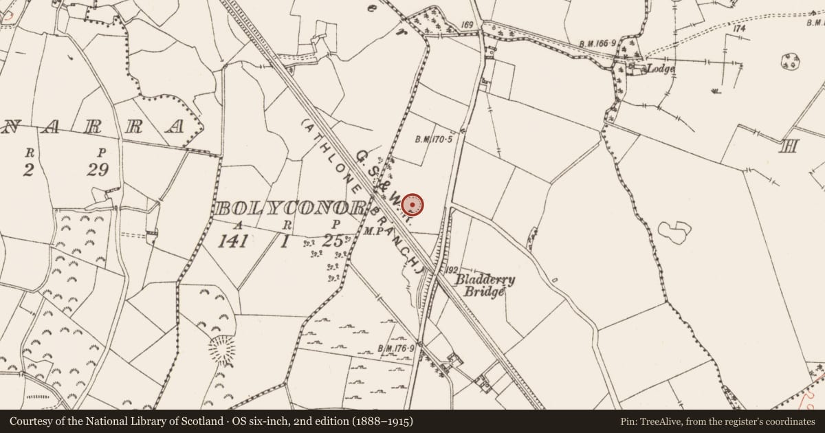 Ordnance Survey six-inch map, 2nd edition (1888–1915) covering the location of Ringfort - rath, Clonydonnin, County Westmeath, with a pin at the register's coordinates