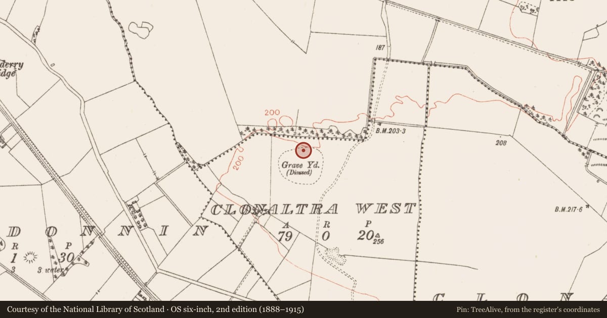 Ordnance Survey six-inch map, 2nd edition (1888–1915) covering the location of Bullaun stone, Clonaltra West, County Westmeath, with a pin at the register's coordinates