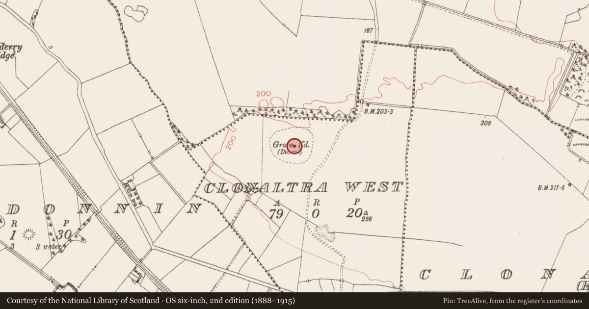 Ordnance Survey six-inch map, 2nd edition (1888–1915) covering the location of Ecclesiastical enclosure, Clonaltra West, County Westmeath, with a pin at the register's coordinates