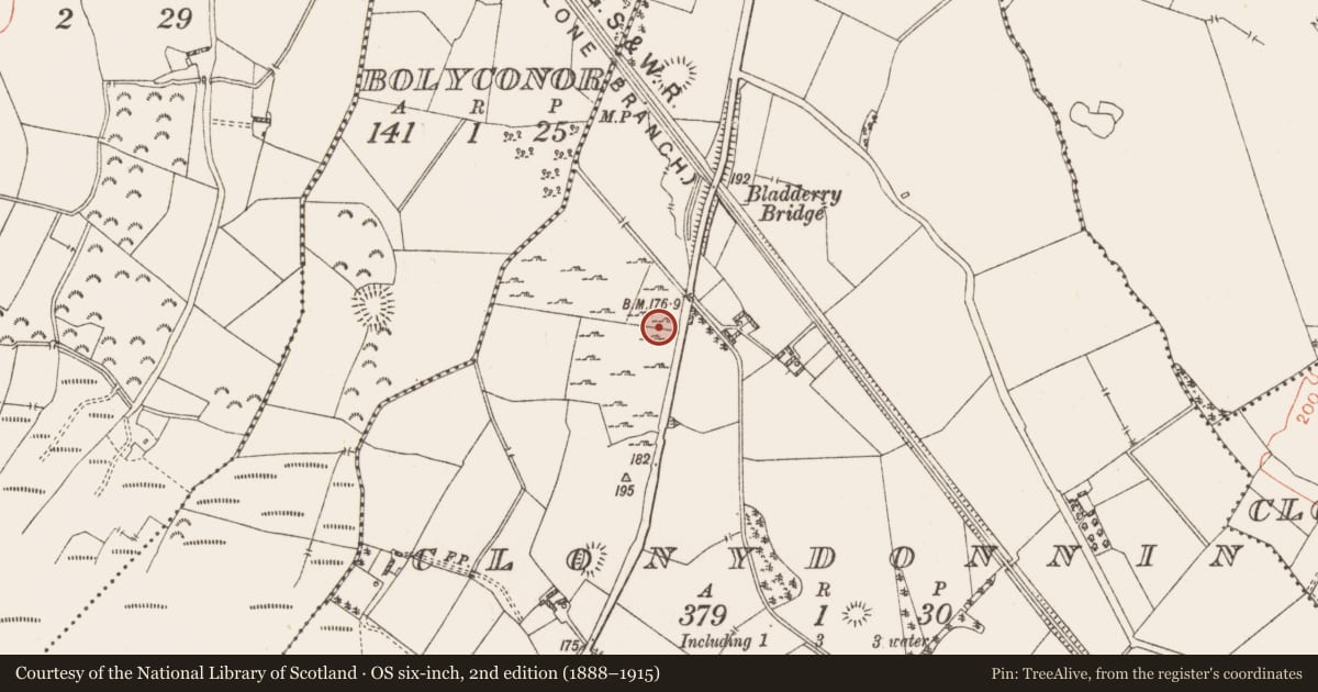 Ordnance Survey six-inch map, 2nd edition (1888–1915) covering the location of Bullaun stone (present location), Clonydonnin, County Westmeath, with a pin at the register's coordinates