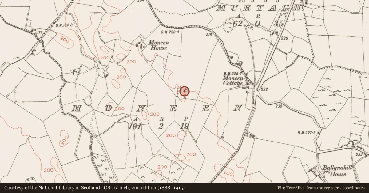 Ordnance Survey six-inch map, 2nd edition (1888–1915) covering the location of Earthwork, Moneen, County Westmeath, with a pin at the register's coordinates