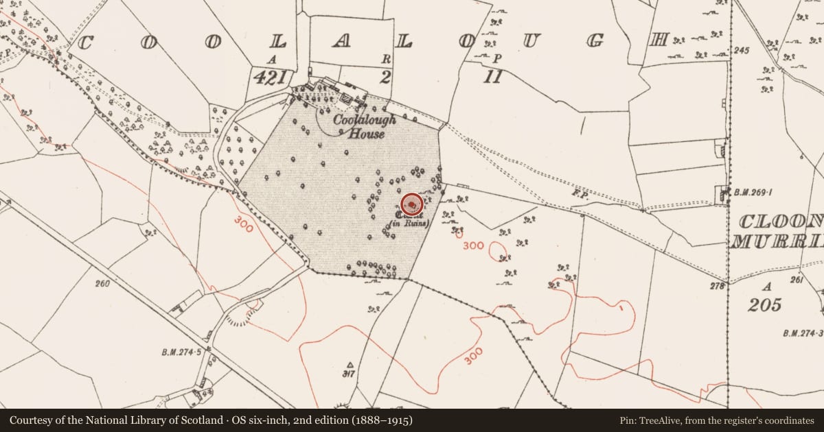 Ordnance Survey six-inch map, 2nd edition (1888–1915) covering the location of Castle - tower house, Coolalough, County Westmeath, with a pin at the register's coordinates