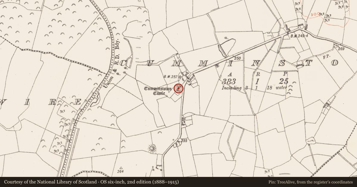 Ordnance Survey six-inch map, 2nd edition (1888–1915) covering the location of House - fortified house, Cumminstown, County Westmeath, with a pin at the register's coordinates