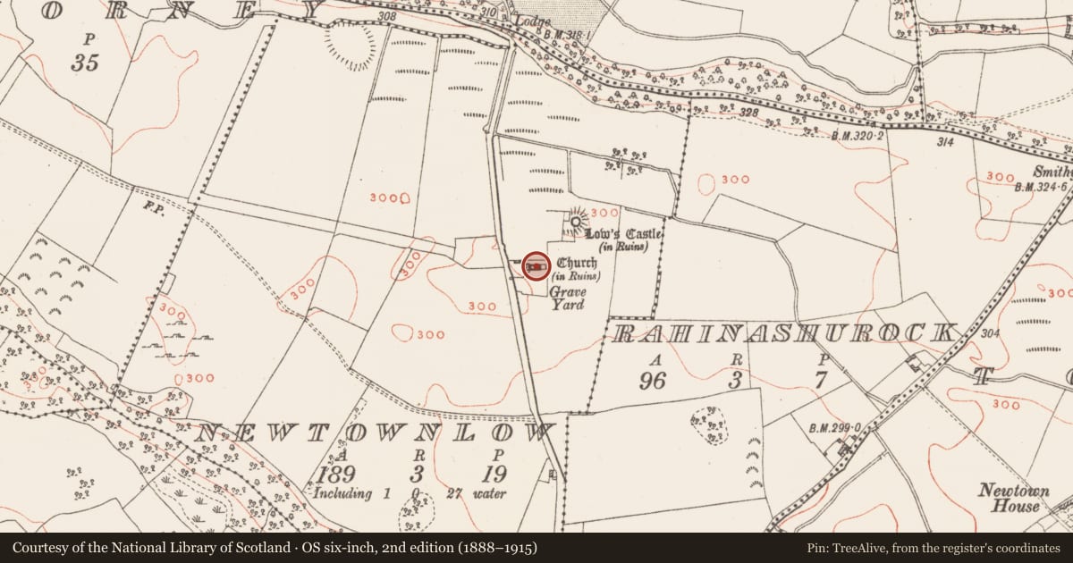 Ordnance Survey six-inch map, 2nd edition (1888–1915) covering the location of Church, Newtownlow, County Westmeath, with a pin at the register's coordinates