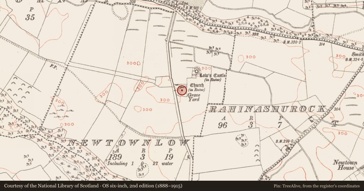 Ordnance Survey six-inch map, 2nd edition (1888–1915) covering the location of Graveyard, Newtownlow, County Westmeath, with a pin at the register's coordinates