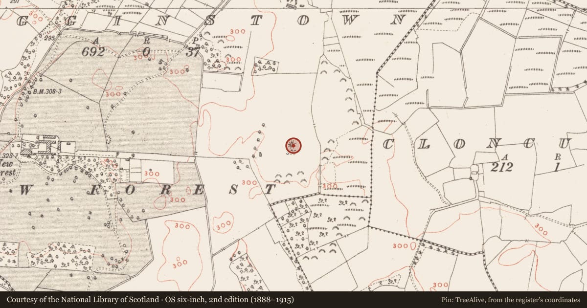 Ordnance Survey six-inch map, 2nd edition (1888–1915) covering the location of Barrow - mound barrow, Higginstown, County Westmeath, with a pin at the register's coordinates