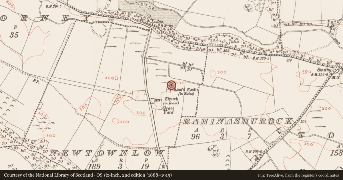 Ordnance Survey six-inch map, 2nd edition (1888–1915) covering the location of Castle - unclassified, Newtownlow, County Westmeath, with a pin at the register's coordinates