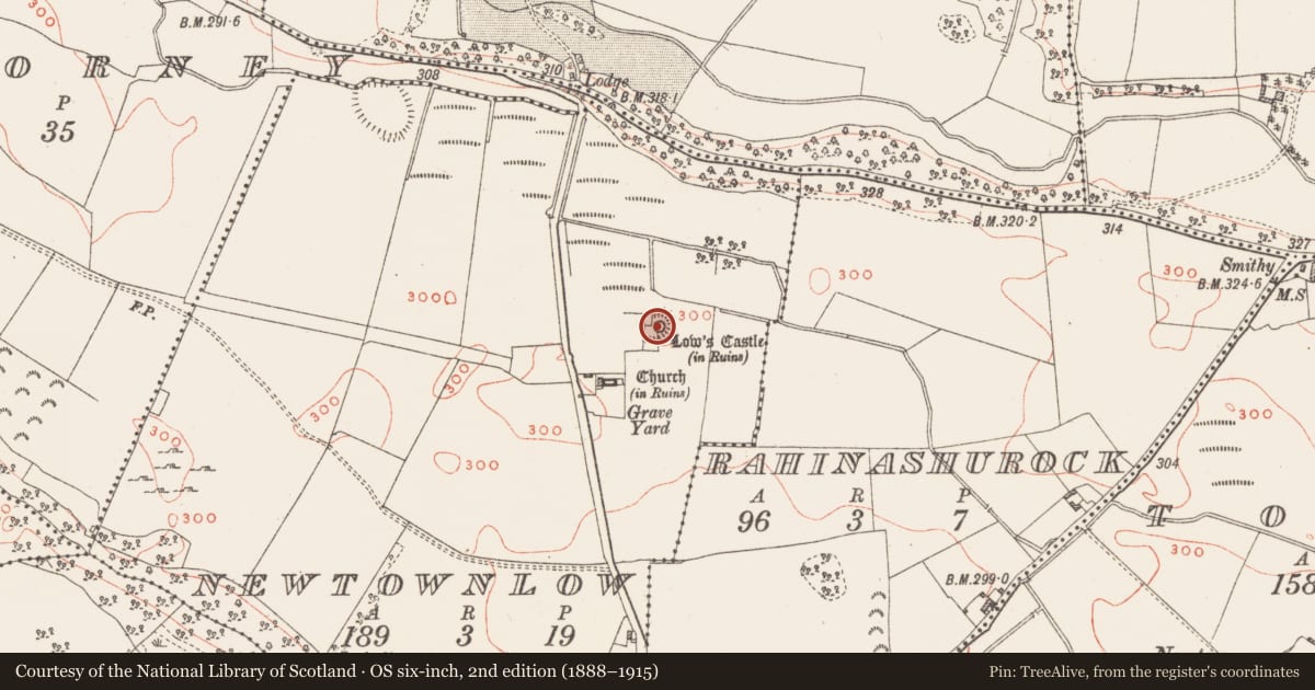 Ordnance Survey six-inch map, 2nd edition (1888–1915) covering the location of Earthwork, Newtownlow, County Westmeath, with a pin at the register's coordinates