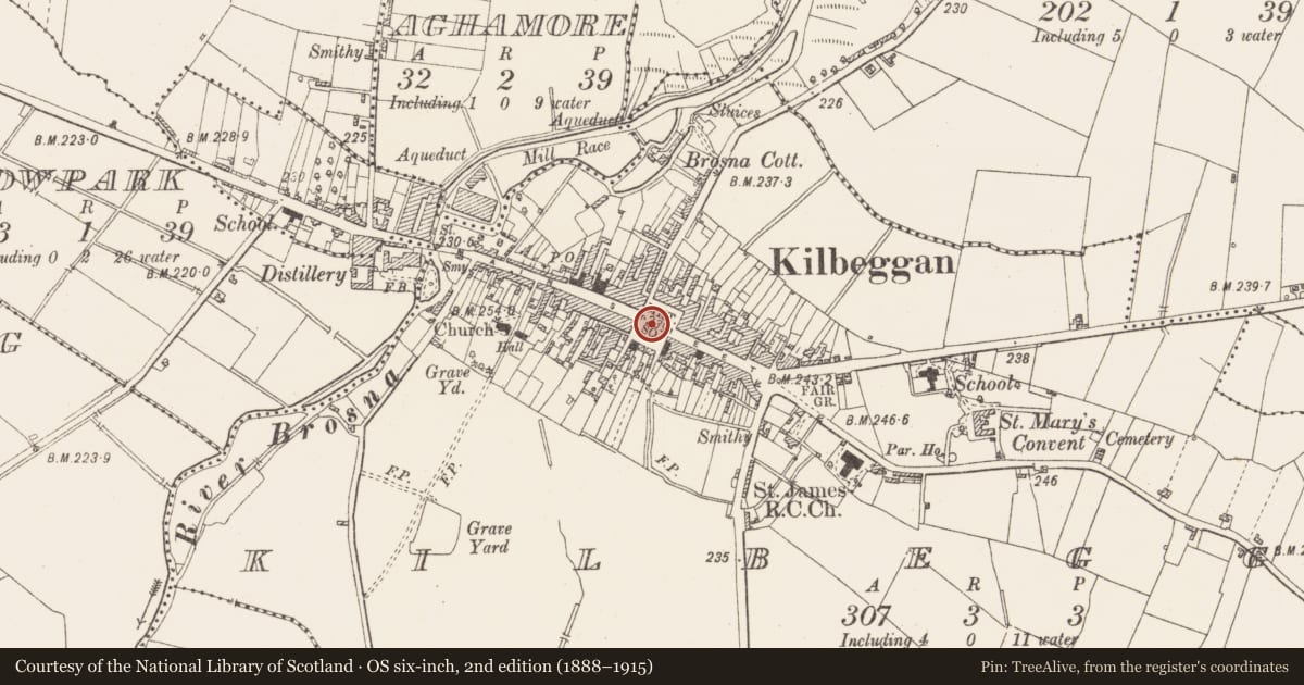 Ordnance Survey six-inch map, 2nd edition (1888–1915) covering the location of Historic town, Kilbeggan, County Westmeath, with a pin at the register's coordinates