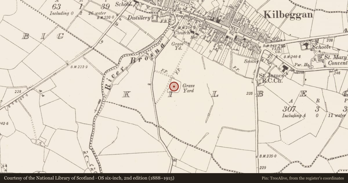 Ordnance Survey six-inch map, 2nd edition (1888–1915) covering the location of Burial ground, Kilbeggan, County Westmeath, with a pin at the register's coordinates
