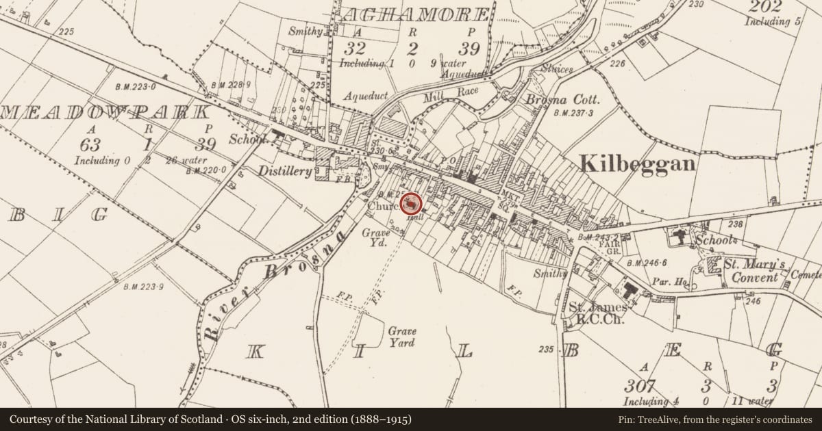 Ordnance Survey six-inch map, 2nd edition (1888–1915) covering the location of Church, Kilbeggan, County Westmeath, with a pin at the register's coordinates