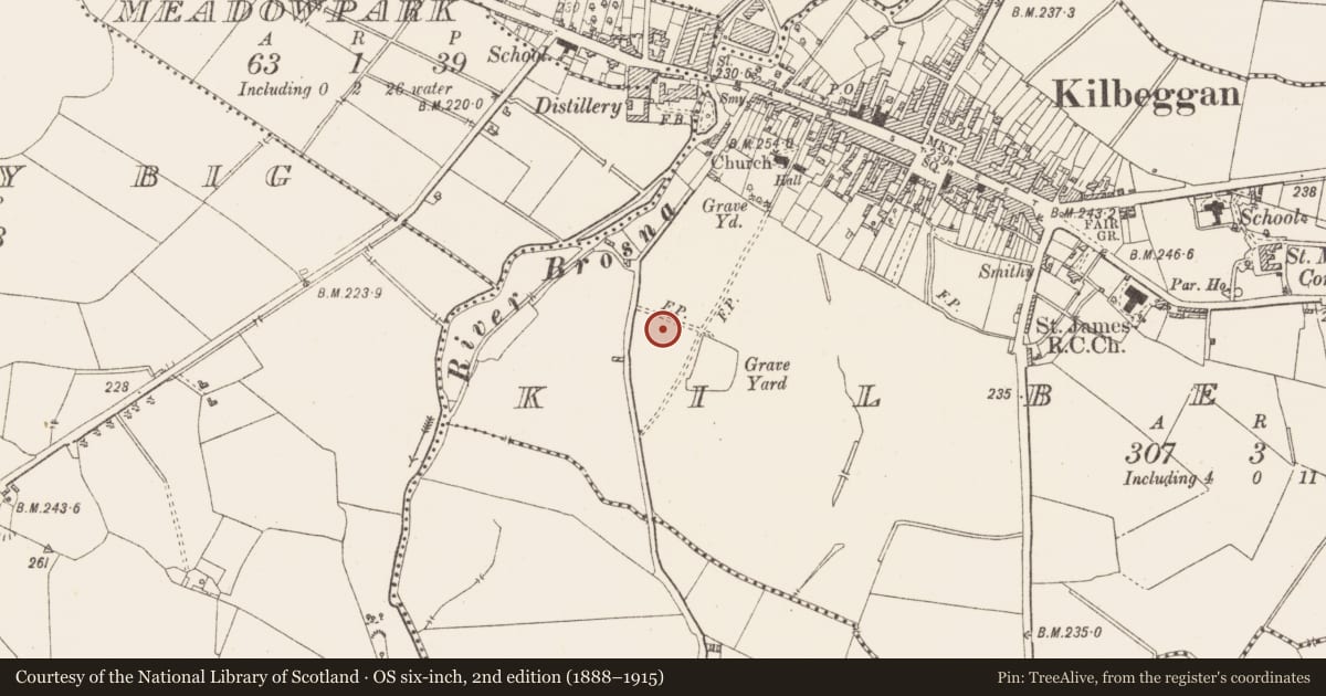 Ordnance Survey six-inch map, 2nd edition (1888–1915) covering the location of Religious house - Cistercian monks, Kilbeggan, County Westmeath, with a pin at the register's coordinates