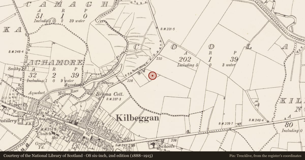 Ordnance Survey six-inch map, 2nd edition (1888–1915) covering the location of Building, Coola, County Westmeath, with a pin at the register's coordinates