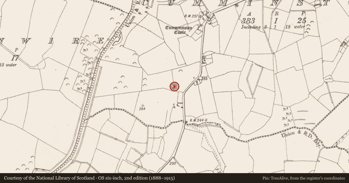 Ordnance Survey six-inch map, 2nd edition (1888–1915) covering the location of Barrow - mound barrow, Cumminstown, County Westmeath, with a pin at the register's coordinates