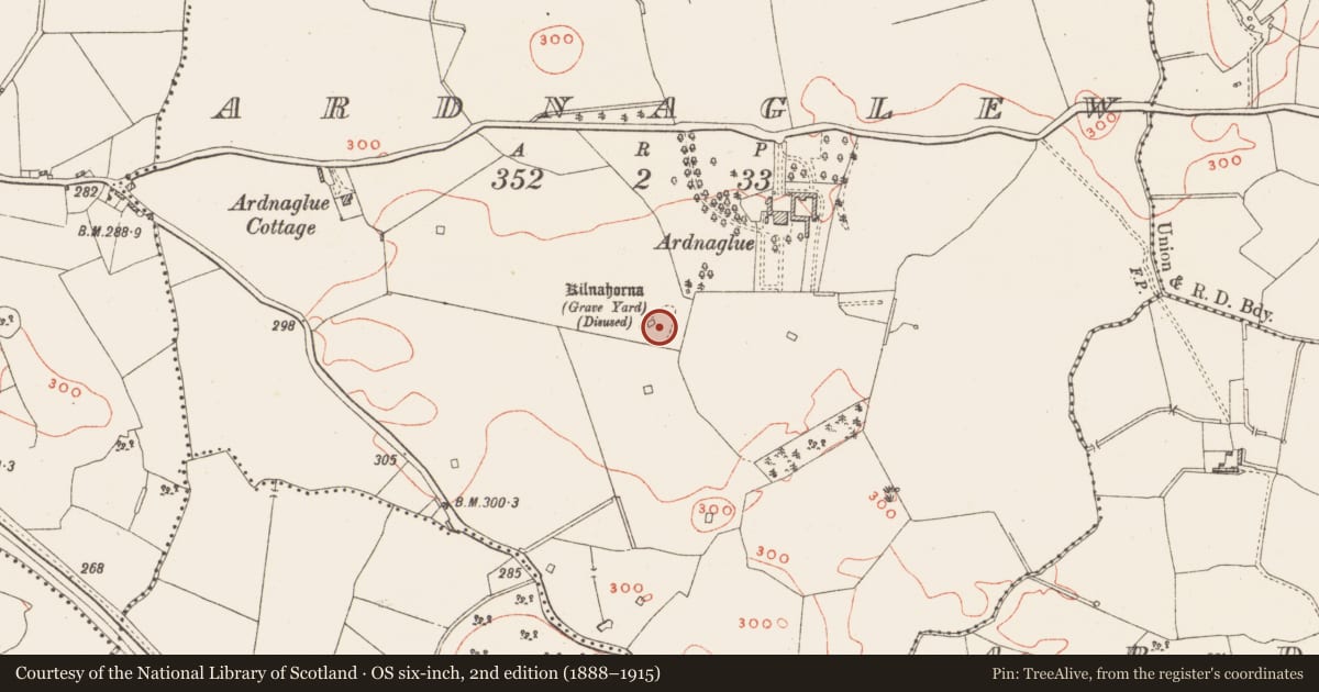 Ordnance Survey six-inch map, 2nd edition (1888–1915) covering the location of Graveyard, Ardnaglew, County Westmeath, with a pin at the register's coordinates