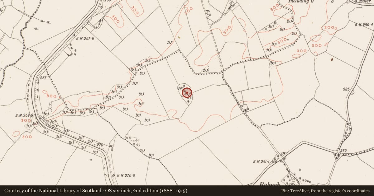 Ordnance Survey six-inch map, 2nd edition (1888–1915) covering the location of Barrow - bowl-barrow, Rahugh, County Westmeath, with a pin at the register's coordinates