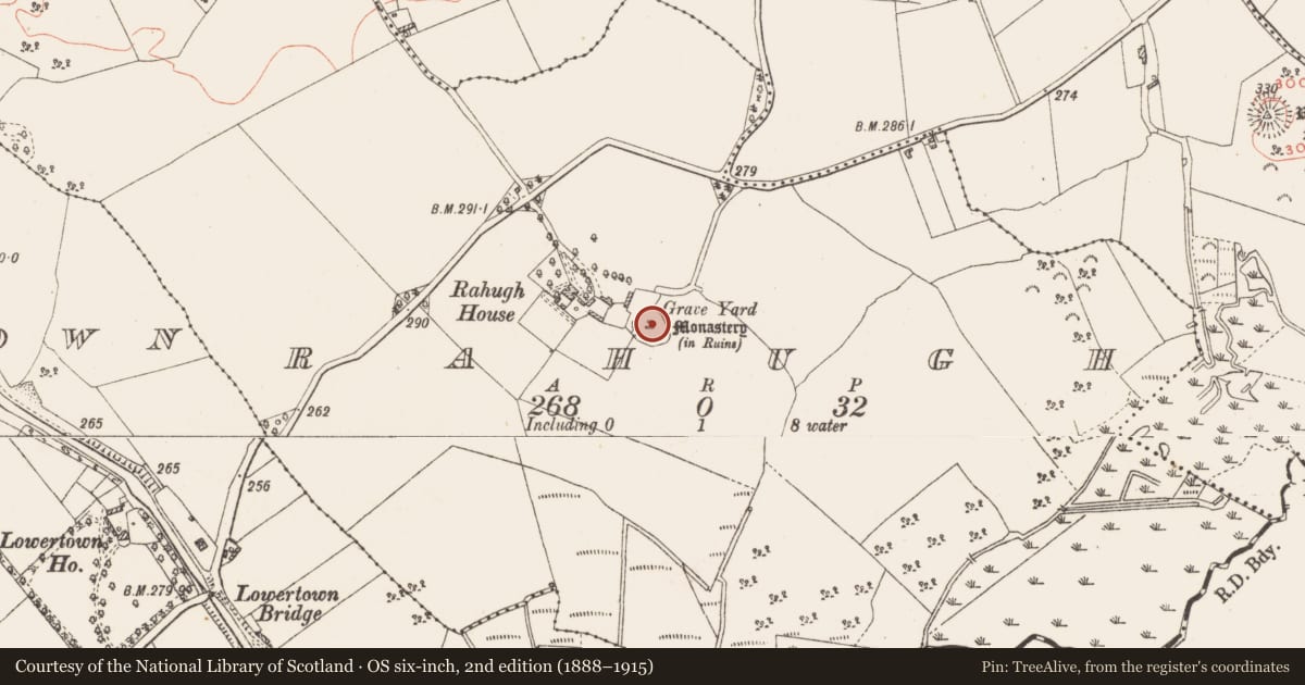 Ordnance Survey six-inch map, 2nd edition (1888–1915) covering the location of Church, Rahugh, County Westmeath, with a pin at the register's coordinates