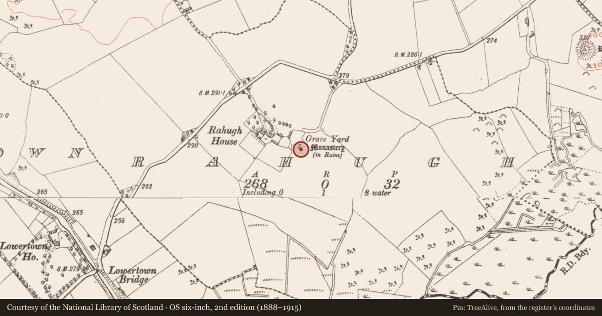 Ordnance Survey six-inch map, 2nd edition (1888–1915) covering the location of Graveyard, Rahugh, County Westmeath, with a pin at the register's coordinates