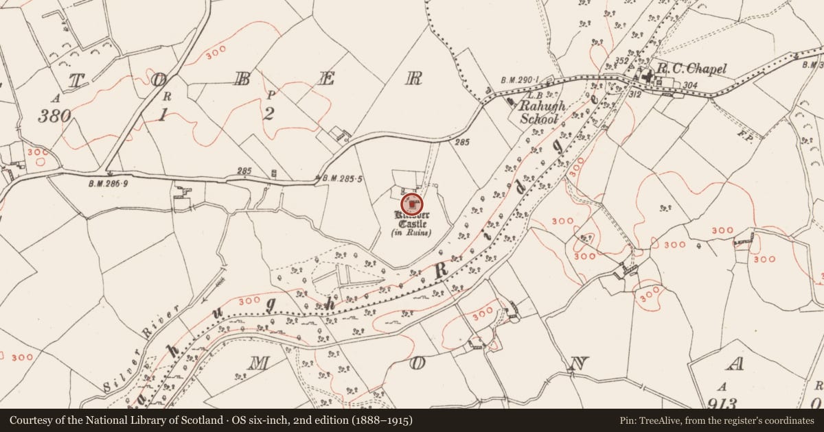 Ordnance Survey six-inch map, 2nd edition (1888–1915) covering the location of Castle - tower house, Kiltober, County Westmeath, with a pin at the register's coordinates