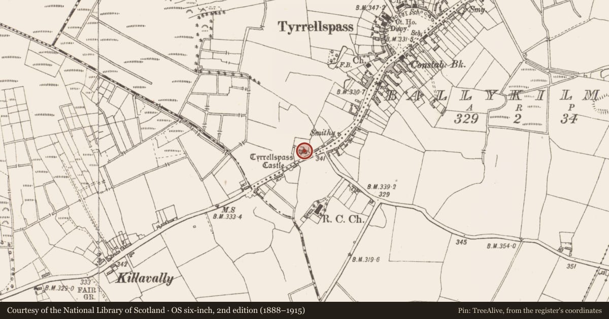 Ordnance Survey six-inch map, 2nd edition (1888–1915) covering the location of Castle - tower house, Tyrrellspass, County Westmeath, with a pin at the register's coordinates