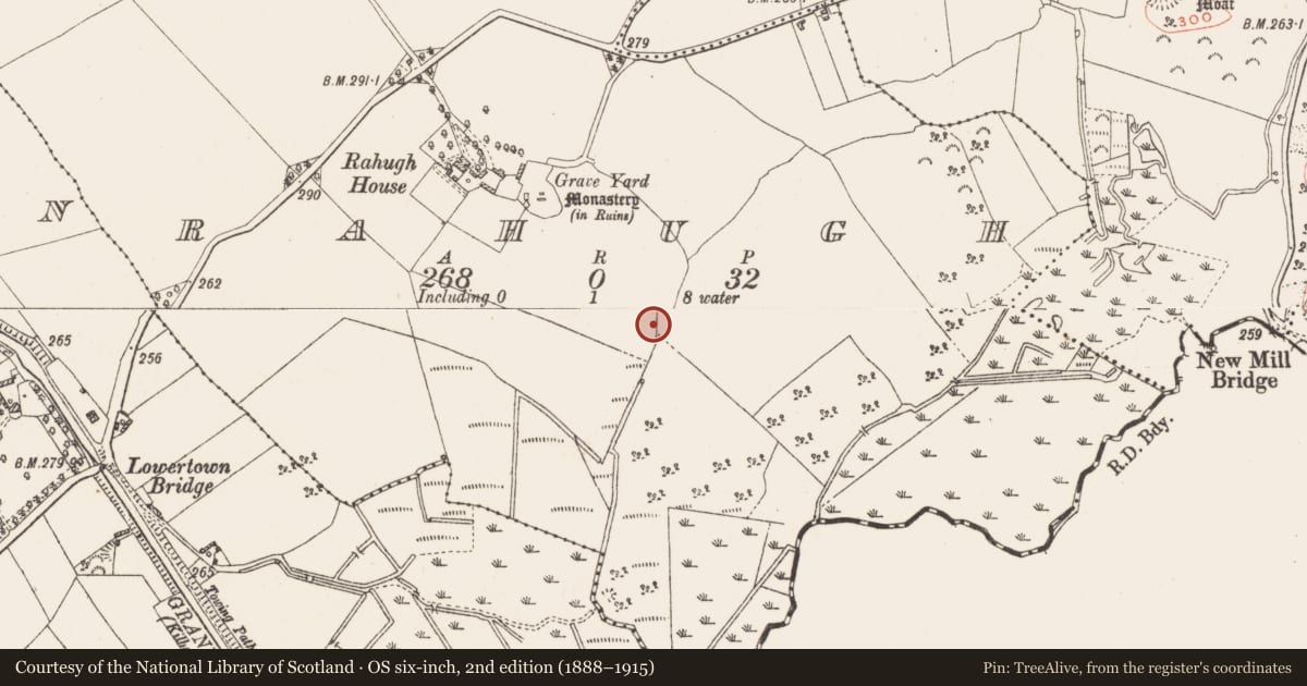 Ordnance Survey six-inch map, 2nd edition (1888–1915) covering the location of Ritual site - holy well, Rahugh, County Westmeath, with a pin at the register's coordinates