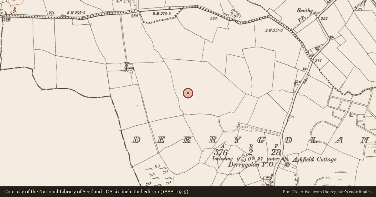 Ordnance Survey six-inch map, 2nd edition (1888–1915) covering the location of Ring-ditch, Derrygolan, County Westmeath, with a pin at the register's coordinates