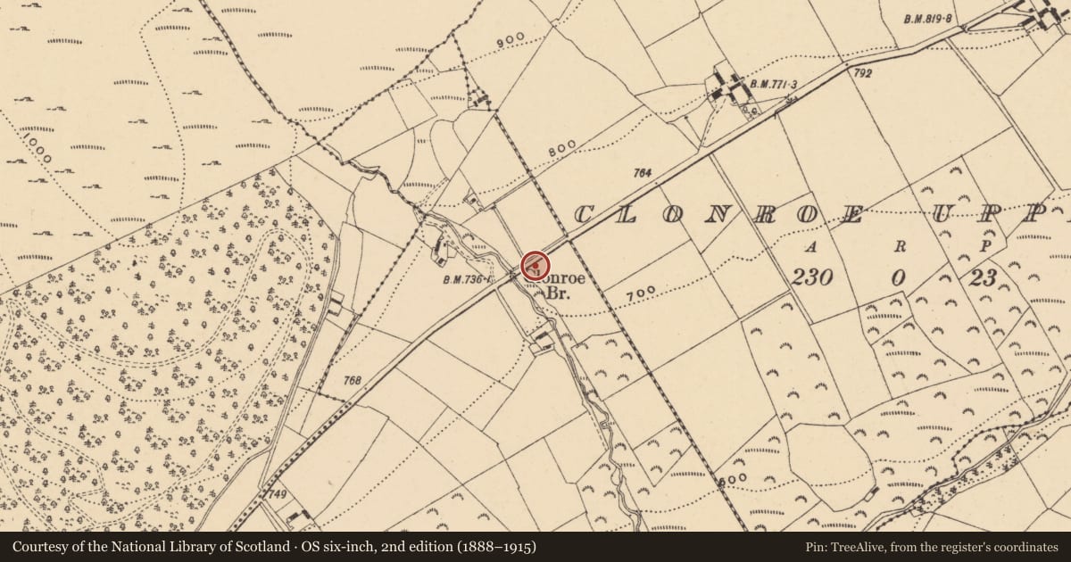 Ordnance Survey six-inch map, 2nd edition (1888–1915) covering the location of Barrow - stepped barrow, Clonroe Lower, County Wexford, with a pin at the register's coordinates