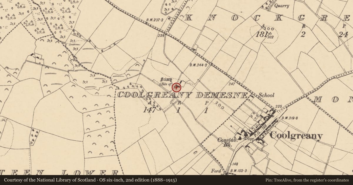 Ordnance Survey six-inch map, 2nd edition (1888–1915) covering the location of Ecclesiastical site, Coolgreany Demesne, County Wexford, with a pin at the register's coordinates