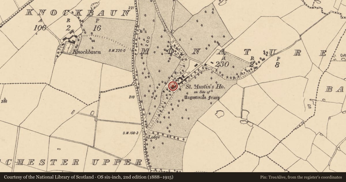 Ordnance Survey six-inch map, 2nd edition (1888–1915) covering the location of Ecclesiastical site, Monature, County Wexford, with a pin at the register's coordinates