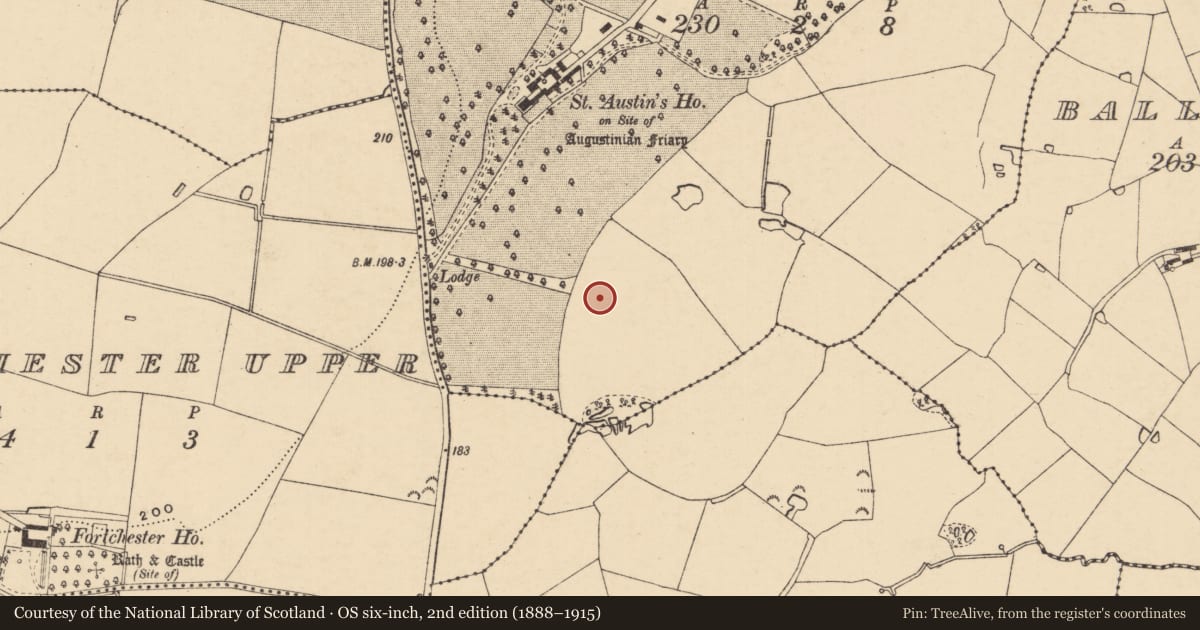 Ordnance Survey six-inch map, 2nd edition (1888–1915) covering the location of Designed landscape - tree-ring, Monature, County Wexford, with a pin at the register's coordinates