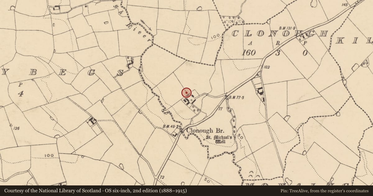 Ordnance Survey six-inch map, 2nd edition (1888–1915) covering the location of Burial ground, Clonough, County Wexford, with a pin at the register's coordinates