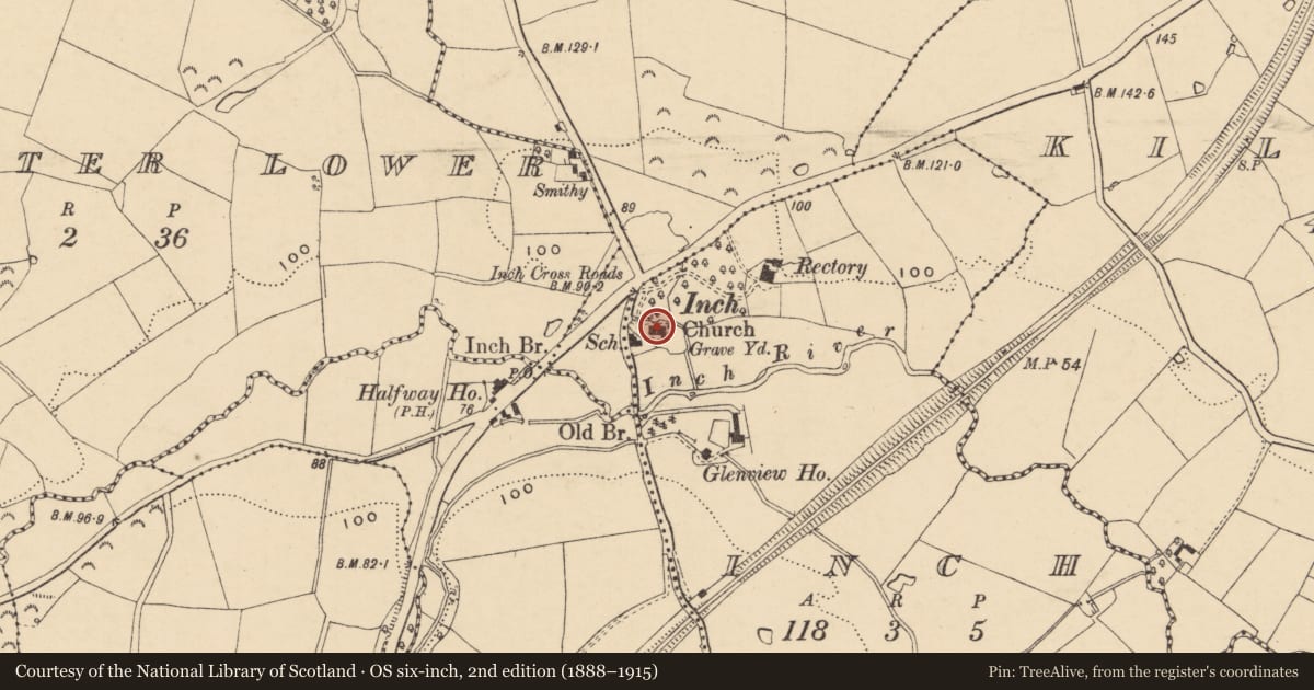 Ordnance Survey six-inch map, 2nd edition (1888–1915) covering the location of Church, Inch, County Wexford, with a pin at the register's coordinates