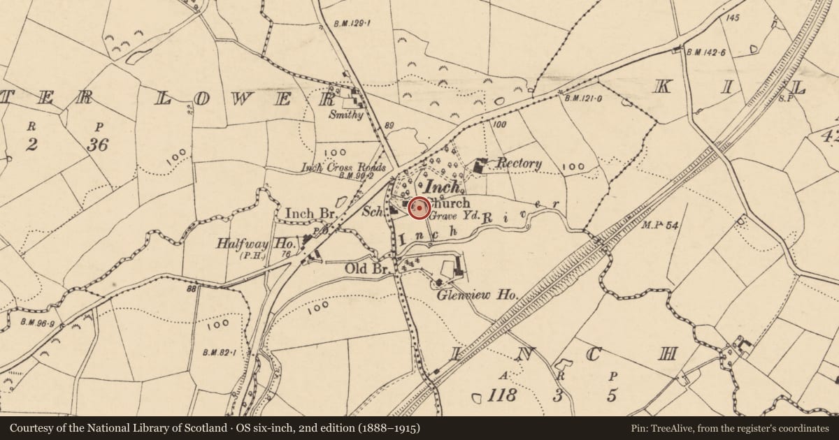 Ordnance Survey six-inch map, 2nd edition (1888–1915) covering the location of Graveyard, Inch, County Wexford, with a pin at the register's coordinates