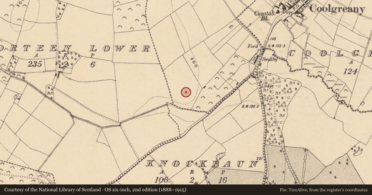 Ordnance Survey six-inch map, 2nd edition (1888–1915) covering the location of Concentric enclosure, Coolgreany Demesne, County Wexford, with a pin at the register's coordinates