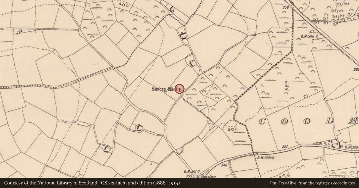 Ordnance Survey six-inch map, 2nd edition (1888–1915) covering the location of Ritual site - holy well, Corragh, County Wexford, with a pin at the register's coordinates