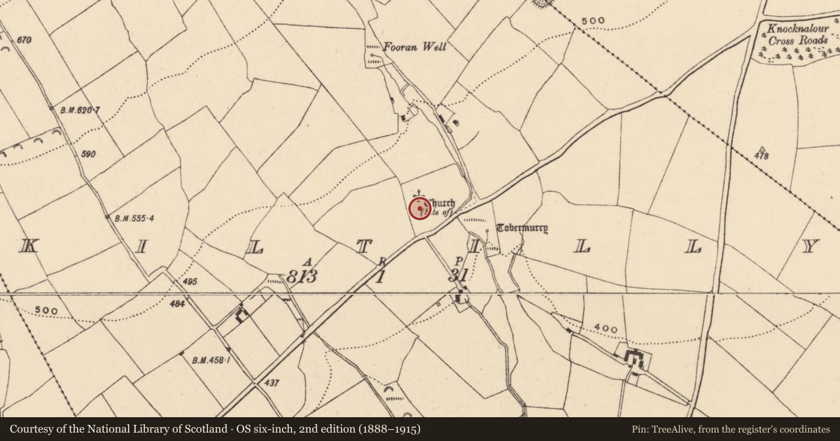Ordnance Survey six-inch map, 2nd edition (1888–1915) covering the location of Graveyard, Kiltilly, County Wexford, with a pin at the register's coordinates