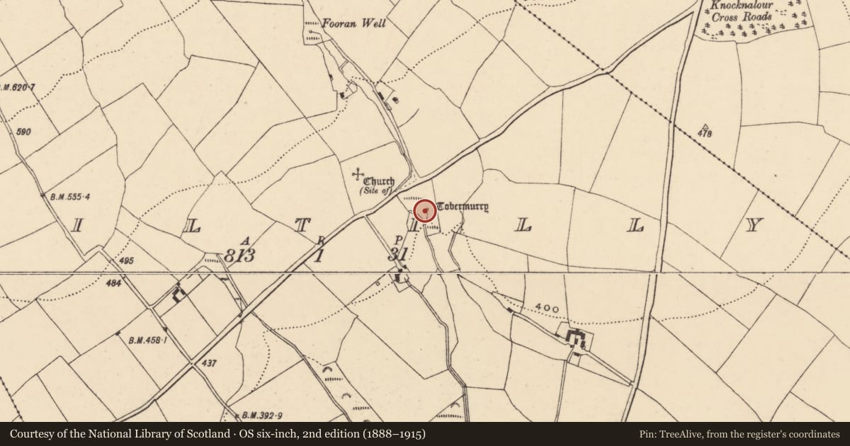 Ordnance Survey six-inch map, 2nd edition (1888–1915) covering the location of Ritual site - holy well, Kiltilly, County Wexford, with a pin at the register's coordinates