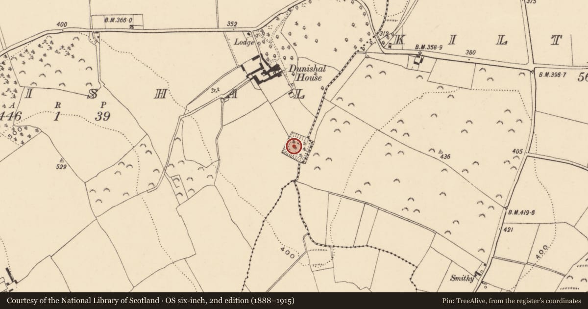 Ordnance Survey six-inch map, 2nd edition (1888–1915) covering the location of Moated site, Dunishal, County Wexford, with a pin at the register's coordinates