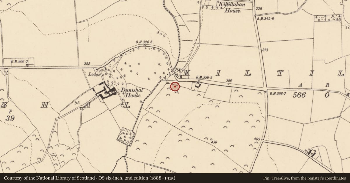 Ordnance Survey six-inch map, 2nd edition (1888–1915) covering the location of Souterrain, Kiltillahan, County Wexford, with a pin at the register's coordinates