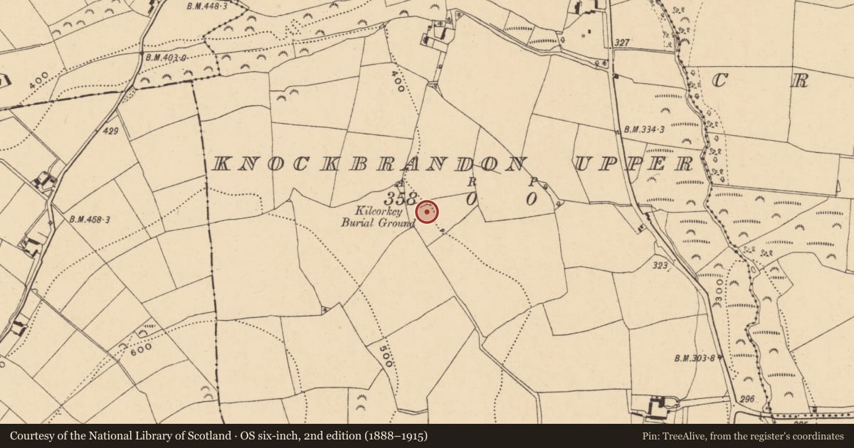 Ordnance Survey six-inch map, 2nd edition (1888–1915) covering the location of Burial ground, Knockbrandon Upper, County Wexford, with a pin at the register's coordinates