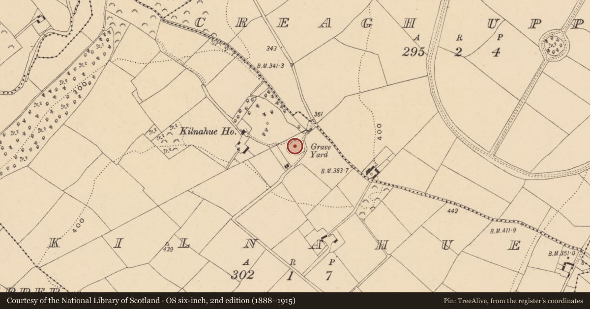 Ordnance Survey six-inch map, 2nd edition (1888–1915) covering the location of Church, Kilnahue, County Wexford, with a pin at the register's coordinates