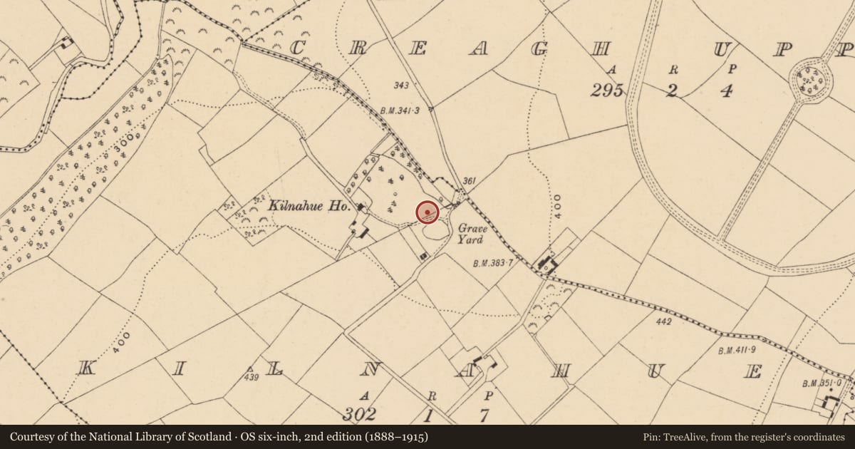 Ordnance Survey six-inch map, 2nd edition (1888–1915) covering the location of Souterrain, Kilnahue, County Wexford, with a pin at the register's coordinates