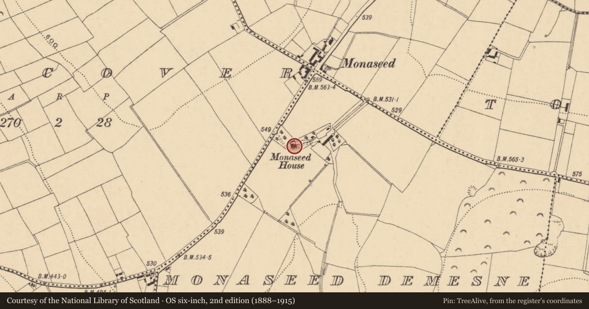 Ordnance Survey six-inch map, 2nd edition (1888–1915) covering the location of House - 17th century, Monaseed Demesne, County Wexford, with a pin at the register's coordinates